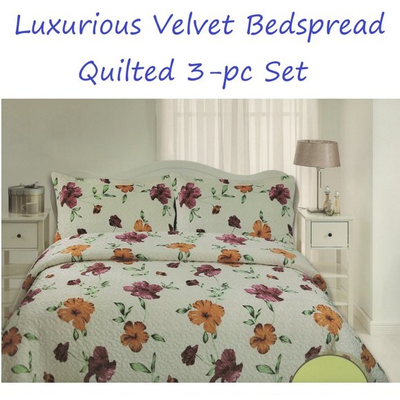 Floral Bedspread Set 3 Piece Quilt Set - Queen & King Size Luxury Velvet - Picture 2 of 3